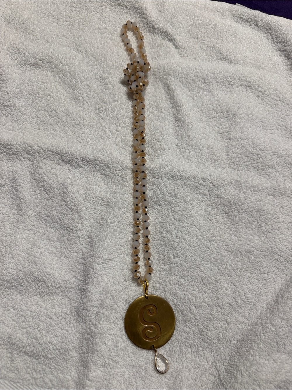 Gold Initial 'S' Pendant Necklace with Beige Beaded Chain